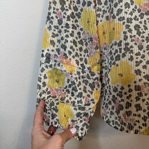 Loft Petite Shimmer Floral Pleated Blouse Gold Pink Leopard Pure Pearl Top Sz S - Picture 4 of 12